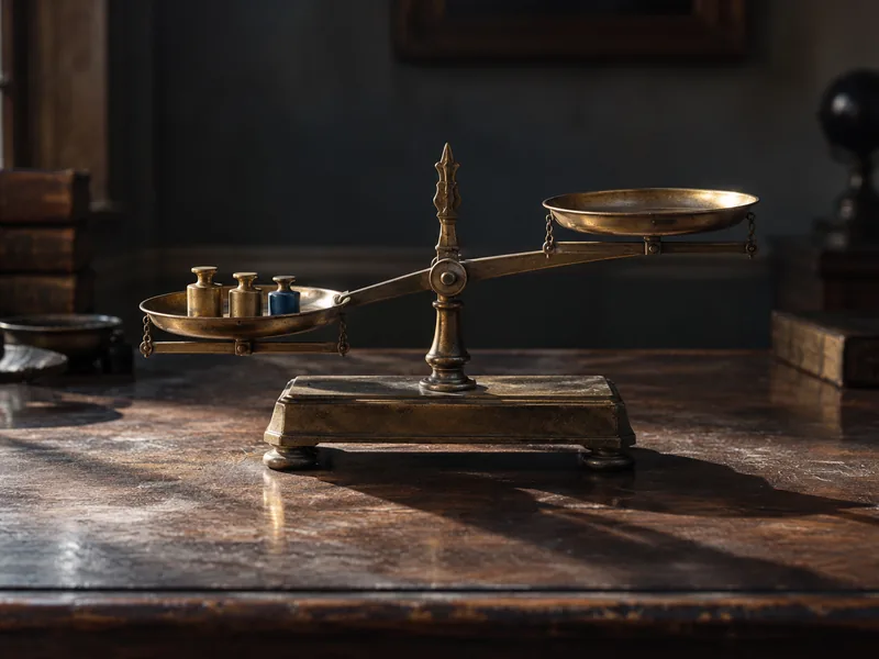 Balance à plateaux en laiton posée sur un bureau sobre, un plateau plus chargé que l'autre