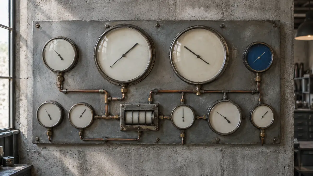 Tableau d'instruments de mesure analogiques à cadrans et aiguilles fixé sur un mur clair