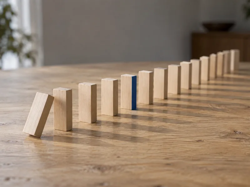 Dominos en bois alignés en courbe sur une table claire, prêts à s'enchaîner