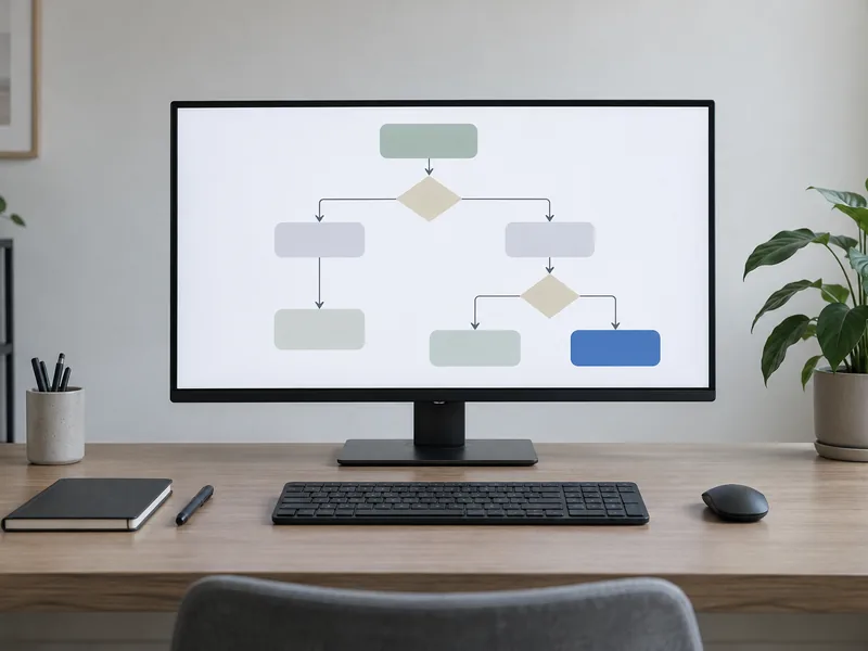 Écran affichant un organigramme de boîtes et de flèches sans libellés, sur un bureau sobre