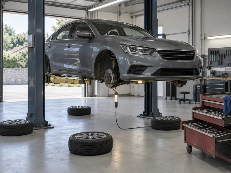 Atelier de mécanique automobile avec une voiture sur pont élévateur et une caisse à outils ouverte