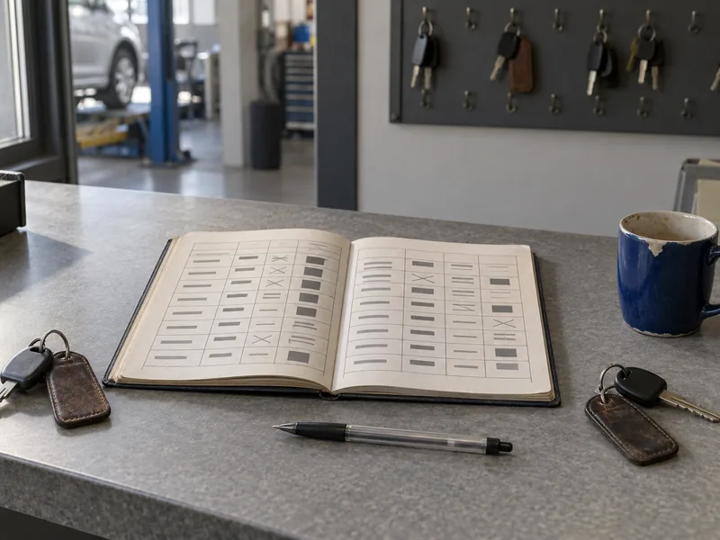 Carnet d'entretien ouvert et clés de véhicule posés sur le comptoir d'un atelier