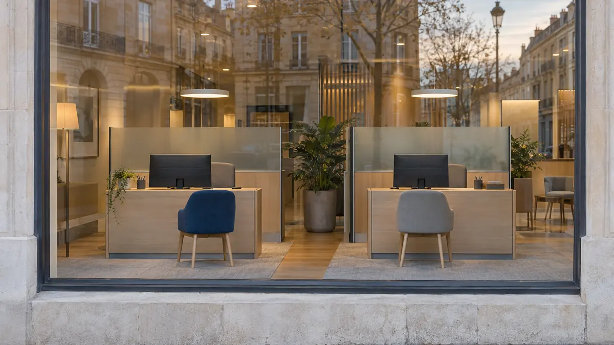 Agence bancaire vue de la rue à travers sa vitrine, postes d'accueil vides et reflets