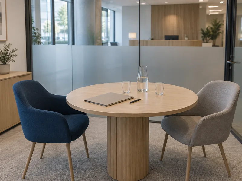 Bureau d'entretien d'une agence avec deux chaises face à face et un dossier posé sur la table