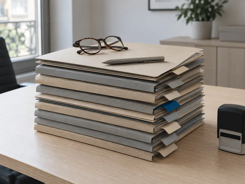 Pile de dossiers cartonnés à onglets de couleur posée sur un bureau, avec un stylo