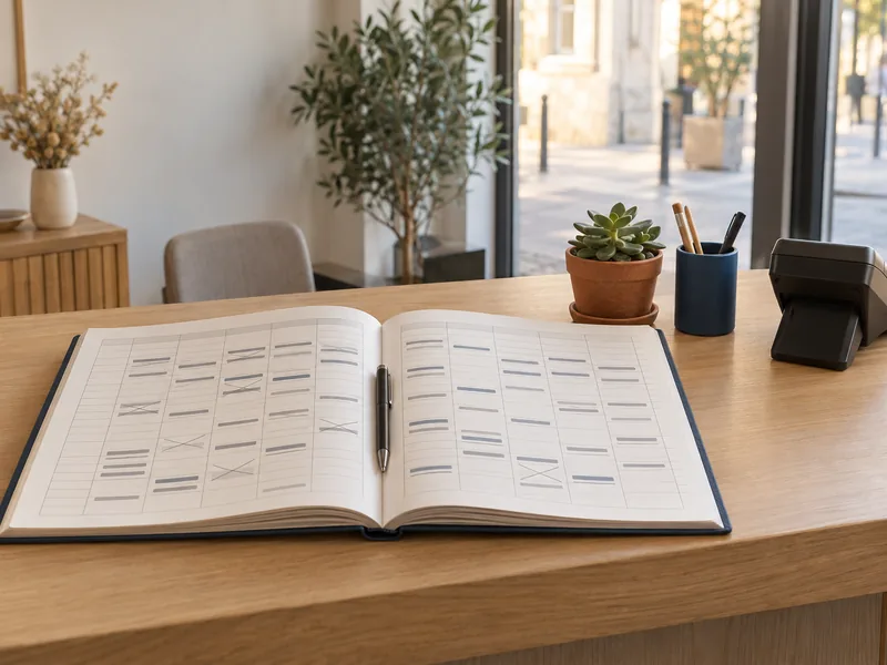 Cahier de rendez-vous ouvert sur le comptoir d'accueil d'un salon, avec une plante et un stylo