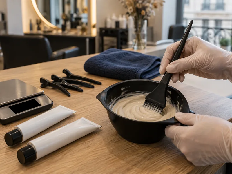 Mains d'une coiffeuse préparant un mélange de coloration dans un bol, pinceau et gants