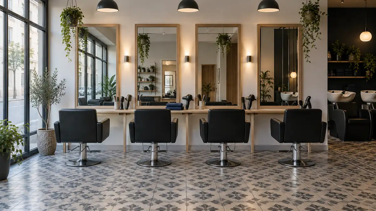 Salon de coiffure vide au petit matin, fauteuils alignés devant les miroirs et les postes de coupe