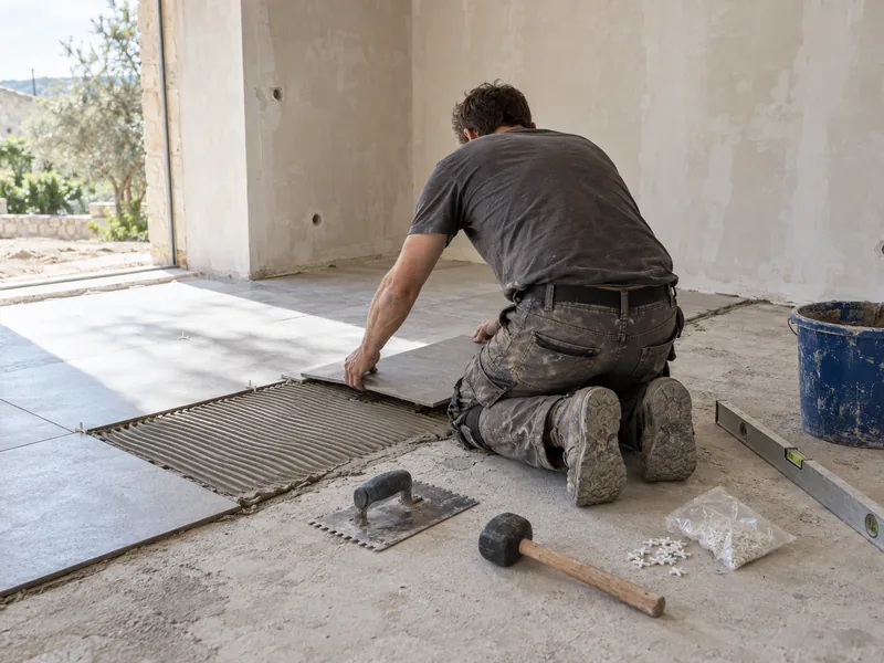 Artisan de dos posant du carrelage au sol, niveau à bulle et croisillons à portée de main