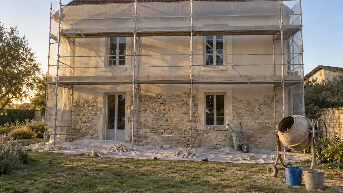 Chantier de rénovation d'une maison individuelle avec échafaudage monté en façade, en fin de journée