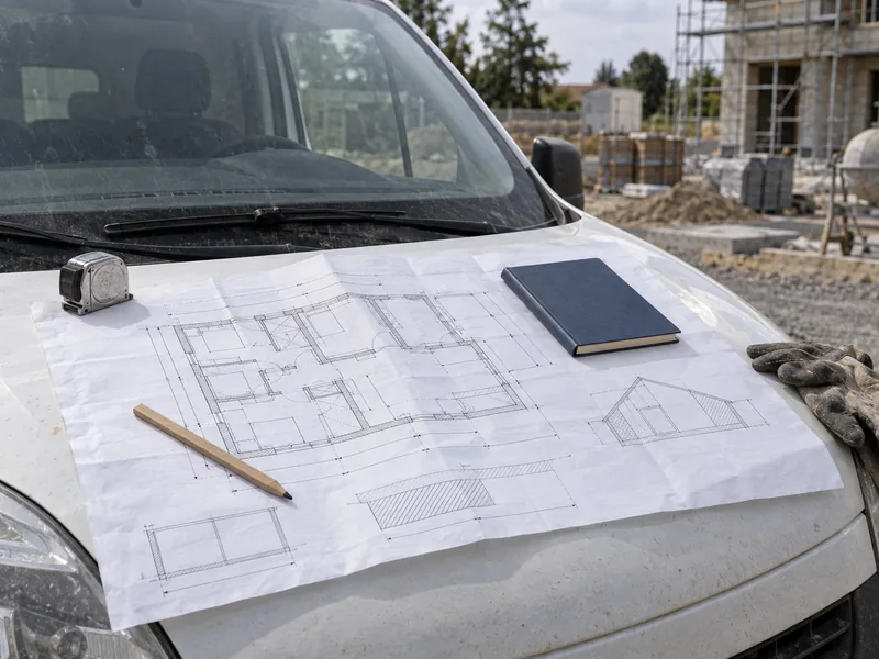 Plan de maison déplié sur le capot d'une camionnette d'artisan avec mètre ruban et crayon