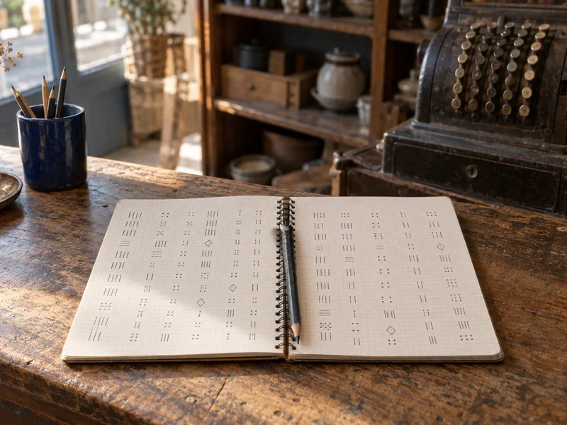 Cahier de stocks quadrillé couvert de colonnes manuscrites, ouvert sur le comptoir d'un commerce