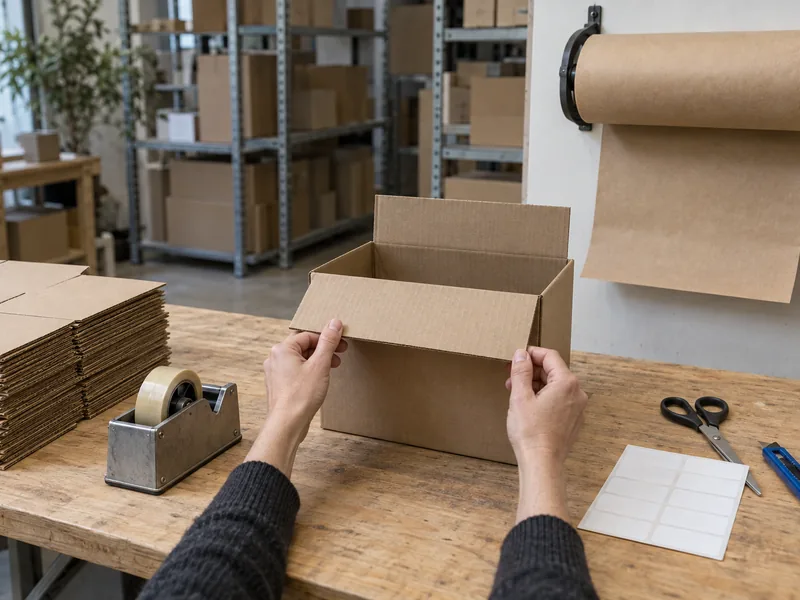 Poste d'emballage de commandes avec cartons, dévidoir d'adhésif et étiquettes vierges dans une réserve