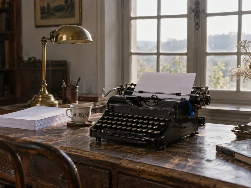 Machine à écrire ancienne avec une feuille engagée, sur un bureau d'écriture près d'une fenêtre