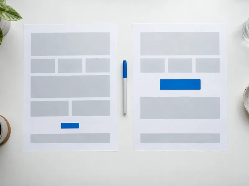 Deux maquettes papier de la même page posées côte à côte, avec des mises en page différentes