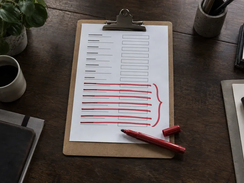 Formulaire papier sur une planchette à pince, la moitié de ses champs rayés au feutre rouge