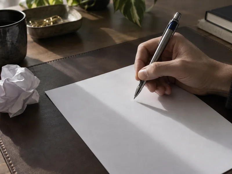Main tenant un stylo au-dessus d'une feuille de réponse restée vierge