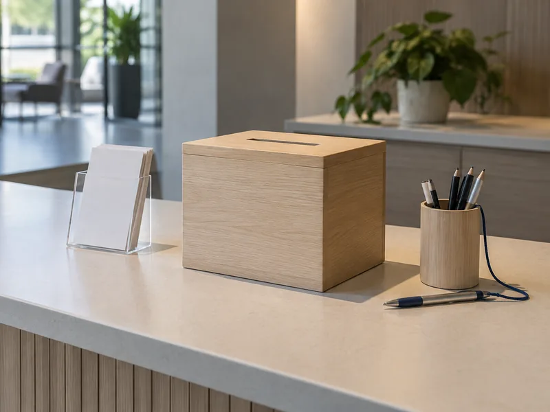 Urne à commentaires en bois posée sur un comptoir d'accueil avec des fiches vierges et un stylo attaché
