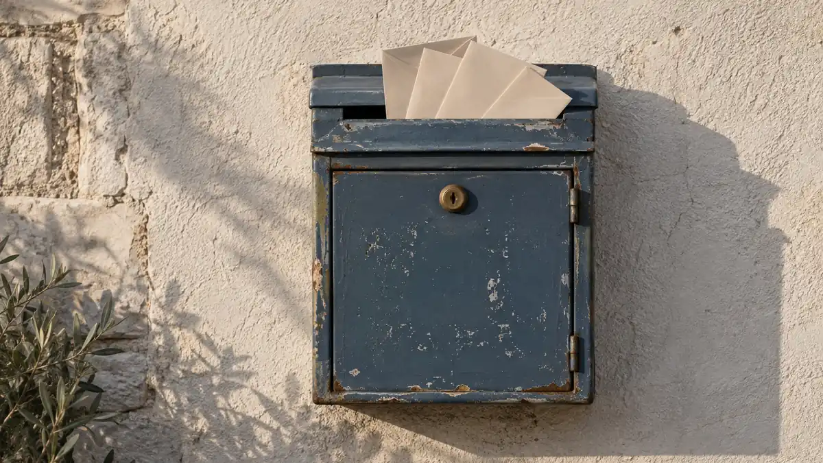 Boîte aux lettres murale en métal d'où dépasse du courrier, sur un mur clair