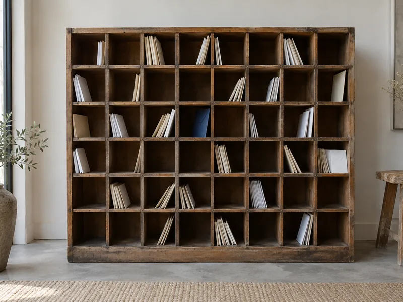 Casier de tri postal en bois à cases multiples garni d'enveloppes vierges