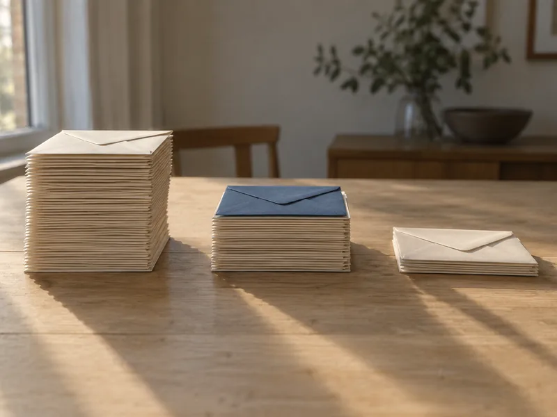 Trois piles d'enveloppes de hauteurs très différentes alignées sur une table