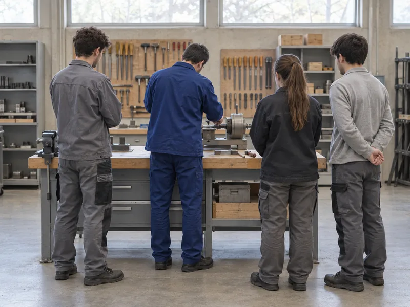 Petit groupe de stagiaires vus de dos autour d'un poste de travail pendant un atelier pratique