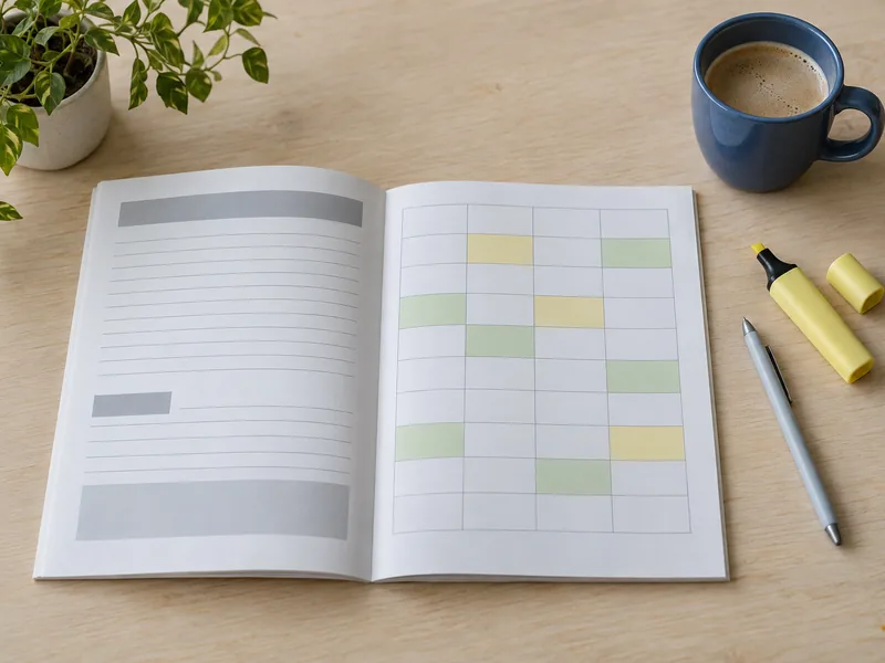 Livret de formation ouvert avec un planning hebdomadaire annoté au surligneur