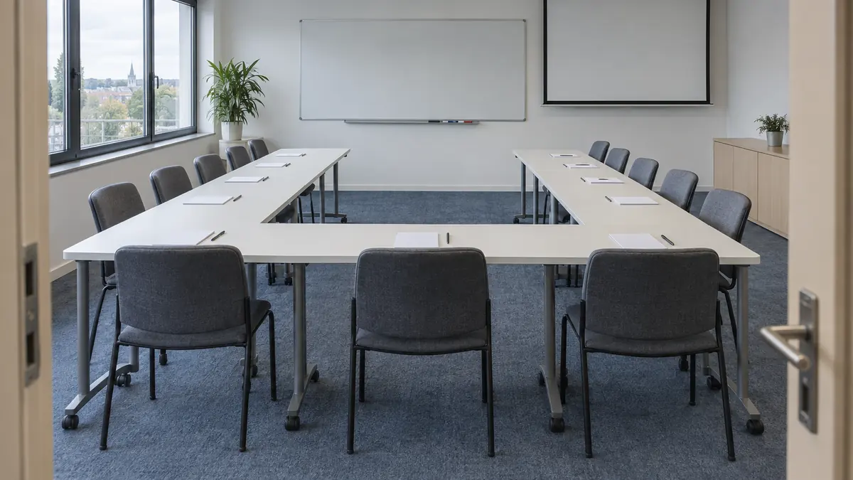 Salle de formation vide aux tables disposées en U face à un tableau blanc