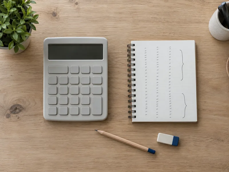 Calculatrice de bureau et carnet de calculs manuscrits posés sur un bureau clair