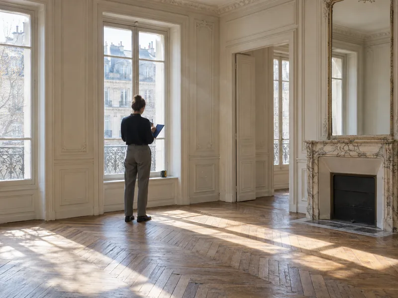 Professionnel de l'immobilier prenant des notes lors de l'estimation d'un appartement ancien vide