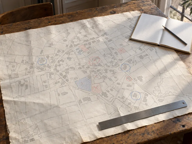 Plan de quartier grand format annoté au crayon, déplié sur un bureau avec un carnet