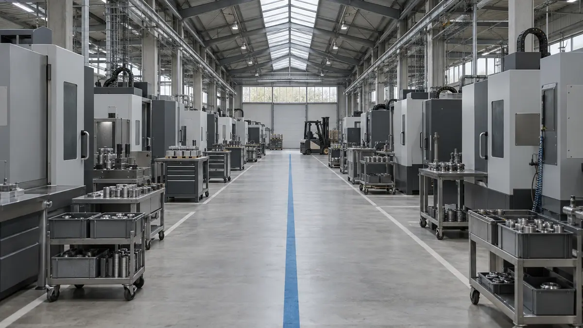 Halle industrielle propre et rangée avec machines-outils alignées sous une verrière