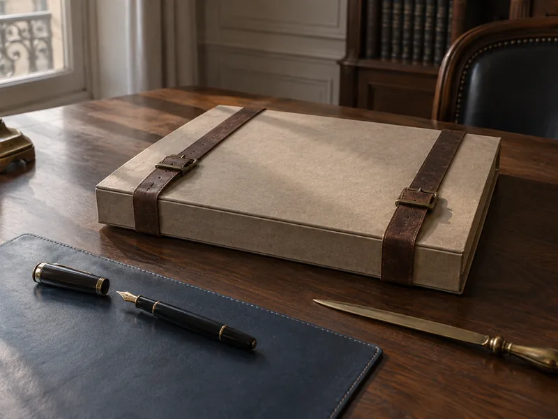 Dossier à sangles de cuir fermé, posé au centre d'un bureau en bois sombre avec un stylo à plume