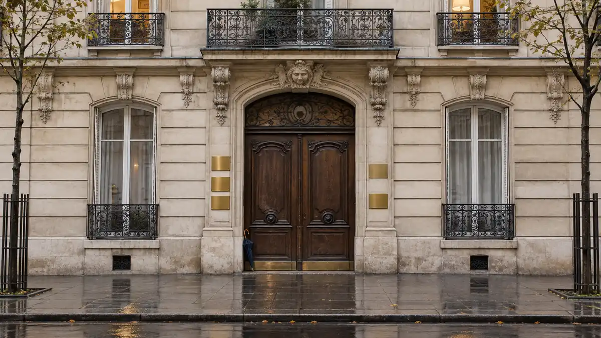 Façade d'immeuble haussmannien portant plusieurs plaques professionnelles en laiton près de la porte cochère