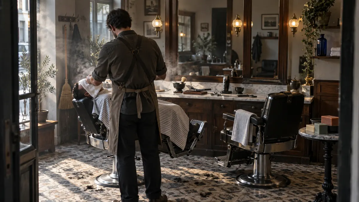 Salon de barbier au petit matin : un barbier en tablier, de dos, pose une serviette chaude fumante sur le visage d'un client allongé dans un fauteuil de cuir, rasoir droit, blaireau et tondeuse alignés sur la tablette de marbre devant le miroir, flacon de verre bleu profond sur l'étagère du fond