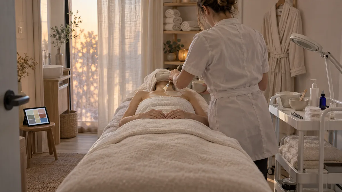 Cabine d'institut de beauté en fin d'après-midi : une esthéticienne en blouse claire, de trois quarts dos, applique au pinceau plat un masque crème sur le décolleté d'une cliente allongée, visage hors champ, cheveux pris dans un bandeau ; à droite, un chariot d'acier blanc portant bols, spatule, cotons, pince à épiler et un petit flacon de verre bleu profond, sous une lampe-loupe articulée éteinte