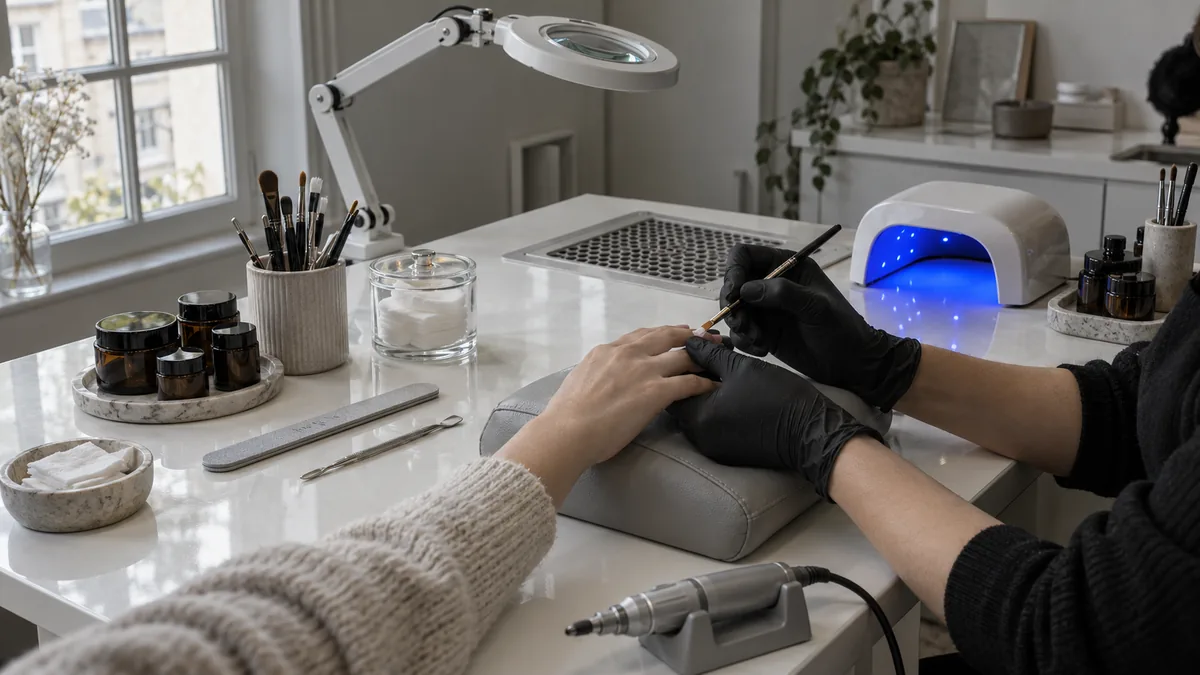 Poste de travail d'une onglerie : les deux mains gantées de nitrile noir d'une prothésiste ongulaire tiennent la main d'une cliente posée sur un coussin de cuir gris, un fin pinceau plat déposant du gel sur un ongle ; à droite, une petite lampe de polymérisation à arche ouverte diffuse une lueur bleu profond qui se reflète sur le plan de travail laqué blanc ; autour des mains, une rangée de pots de gel en verre ambré sans étiquette, un porte-pinceaux, une lime droite, un repousse-cuticules en acier, une coupelle de cotons et une ponceuse électrique sur son support ; derrière, une bouche d'aspiration de poussières encastrée dans la table, un bras de lampe-loupe articulé éteint et une fenêtre à petits carreaux ; les deux personnes sont cadrées aux mains et aux avant-bras, aucun visage n'apparaît