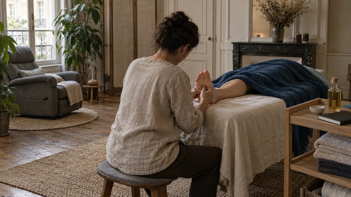 Séance de réflexologie plantaire dans un cabinet de praticien du bien-être installé en appartement ancien : le praticien, vu de trois quarts dos et cadré aux mains, travaille des deux pouces la voûte du pied d'une cliente allongée sur une table de soin drapée d'écru et couverte d'un plaid bleu profond, à côté d'une desserte en bois clair portant un flacon d'huile sans étiquette et des serviettes pliées.