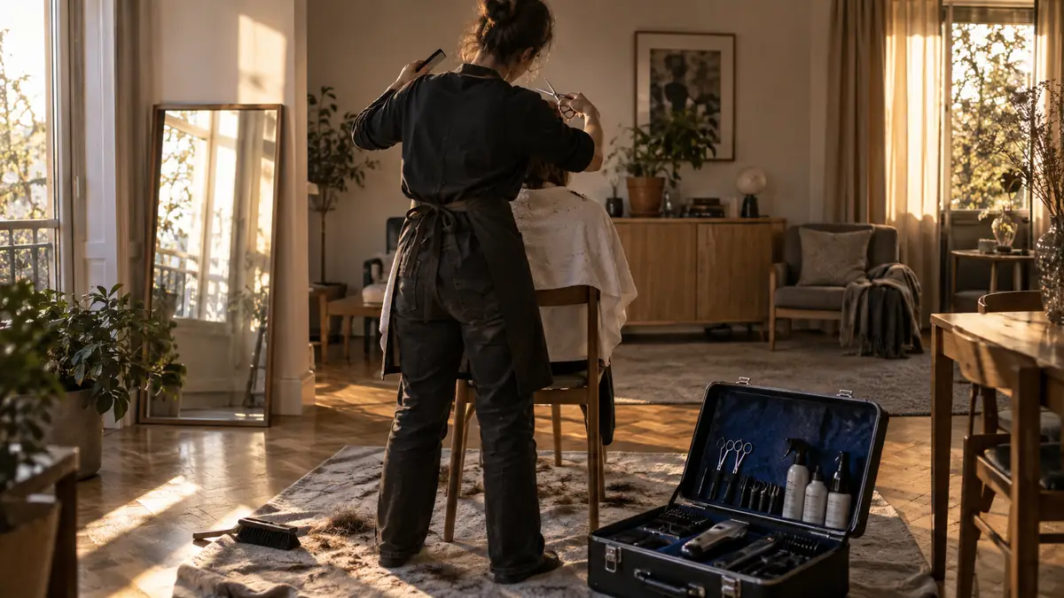 Coiffeuse à domicile vue de dos, en tablier sombre, peigne et ciseaux en main, penchée vers une cliente assise sur une chaise de salle à manger avec une serviette blanche sur les épaules, dans le salon d'un appartement français en fin d'après-midi ; au premier plan, une mallette de matériel ouverte à doublure bleu profond posée sur le parquet protégé par une serviette, et un miroir appuyé contre le mur à gauche.