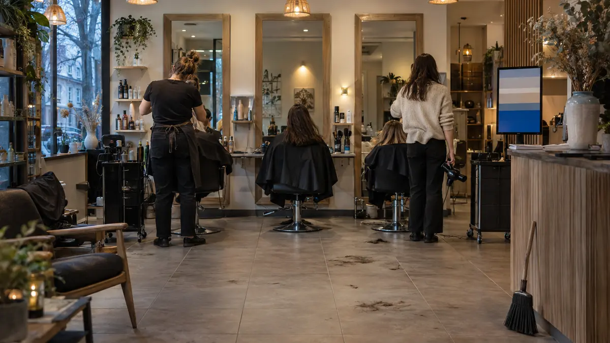 Salon de coiffure en activité en fin d'après-midi : deux coiffeurs de dos devant les miroirs, clients installés dans les fauteuils, mèches de cheveux coupés au sol près d'un balai