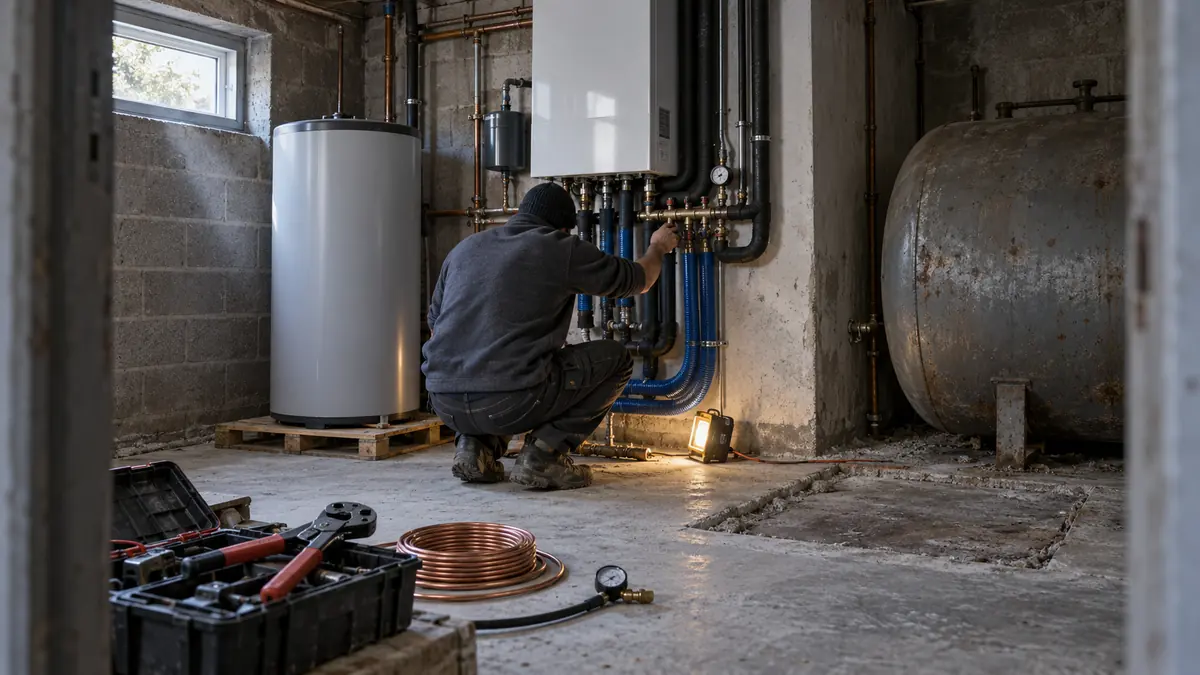 Chaufferie d'une maison individuelle en fin de chantier : un chauffagiste accroupi de trois quarts dos ouvre une vanne du collecteur d'un module hydraulique mural de pompe à chaleur air-eau, faisceau de tubes calorifugés et de gaines annelées bleu profond descendant vers le sol, ancienne cuve à fioul vidée contre le mur de parpaings, ballon tampon sur sa palette, pince à sertir et bobine de cuivre posées sur la dalle de béton