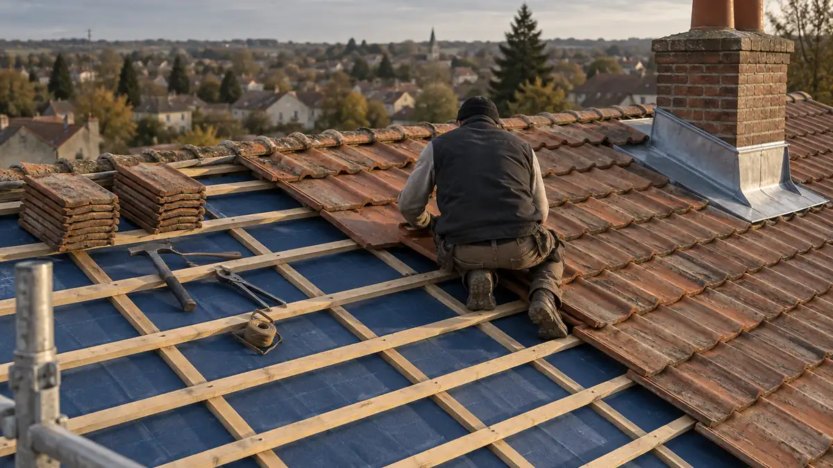 Réfection d'une toiture en tuiles : un couvreur accroupi de dos sur le rampant pose une tuile de terre cuite sur une rangée de liteaux neufs, un large lé d'écran de sous-toiture bleu profond agrafé sous les liteaux occupant le bas du versant, deux piles de tuiles rouges vieillies posées sur des chevrons avec marteau de couvreur, pince à ardoise et cordeau à tracer, souche de cheminée en briques au solin de zinc refait, toits de pavillons flous à l'arrière-plan sous un ciel couvert gris clair