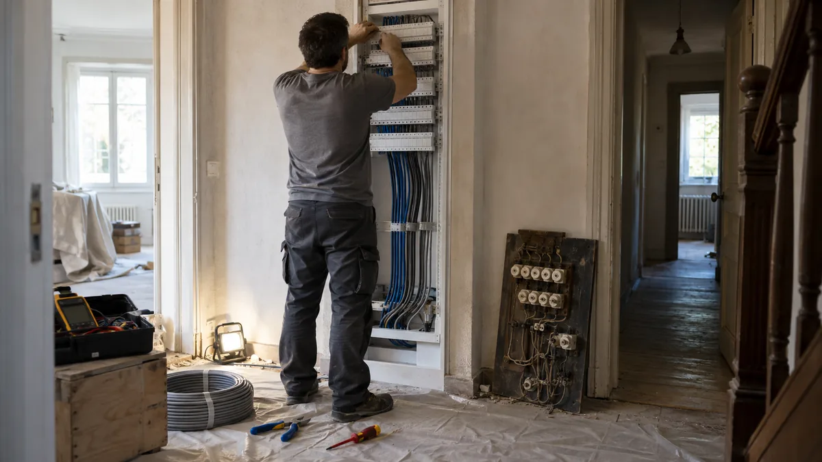 Rénovation électrique d'un pavillon : un électricien debout de trois quarts dos, bras levés, raccorde un peigne d'alimentation sur un tableau électrique neuf d'une trentaine de disjoncteurs modulaires blancs, faisceau de fils souples bleu profond, gris et noirs descendant en nappe vers la goulotte basse, ancien tableau déposé posé au sol contre le mur avec sa platine de bois noircie et ses porte-fusibles en porcelaine, bâche de protection sur parquet ancien, pince à dénuder et multimètre sur une caisse à outils ouverte