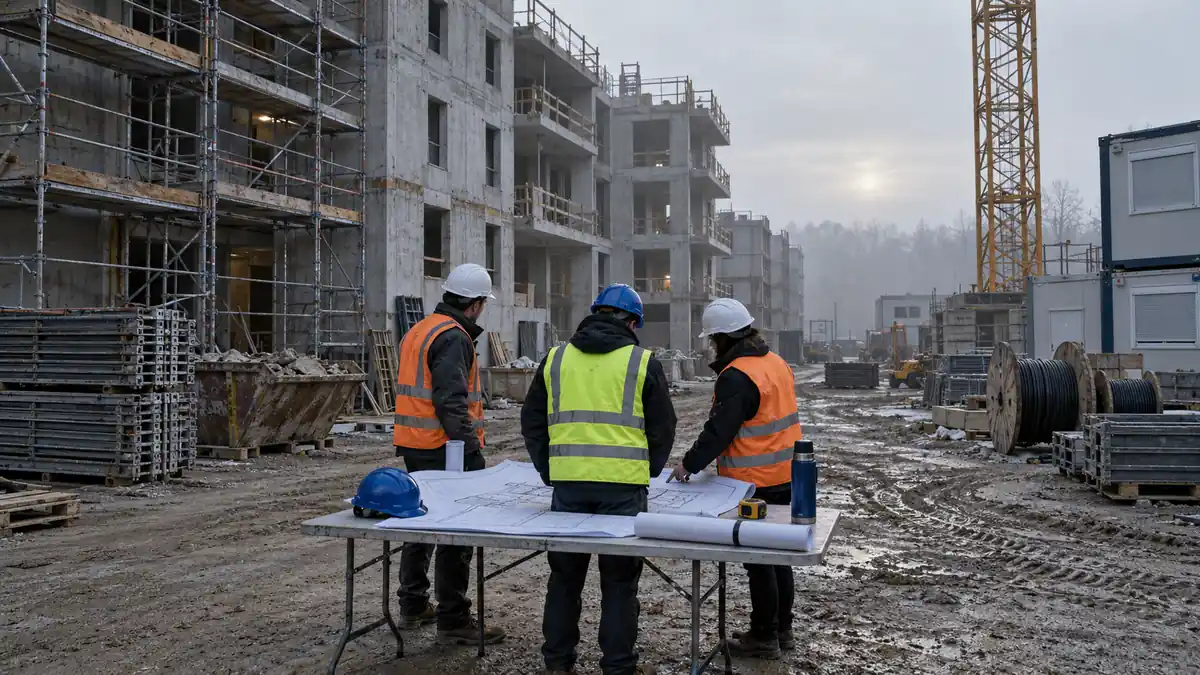Réunion de chantier au pied d'un bâtiment collectif en gros œuvre : trois personnes en casque et gilet, vues de dos, entourent une table pliante où est déployé un grand plan d'exécution dont on voit les traits et les trames sans texte lisible, maintenu par un casque bleu profond et un rouleau de plans serré d'un élastique, échafaudage monté sur trois niveaux contre une façade brute, benne à gravats, stock de banches métalliques, mât de grue à tour et base-vie modulaire, sous une lumière froide et rasante de début de journée