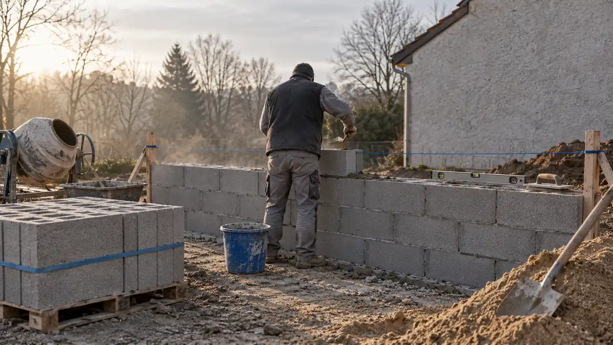 Élévation d'un mur en blocs de béton sur une dalle de fondation : un maçon de dos pose un bloc creux sur un lit de mortier frais, truelle en main, sous un cordeau de maçon bleu profond tendu entre deux chaises d'implantation en bois, un seau de maçon du même bleu au pied du mur, une palette de blocs cerclée, une bétonnière et une auge à mortier à gauche, un niveau à bulle posé sur l'arase, une taloche et une pelle plantée dans un tas de sable à droite, le pignon crépi de la maison existante flou à l'arrière-plan sous un ciel gris clair couvert