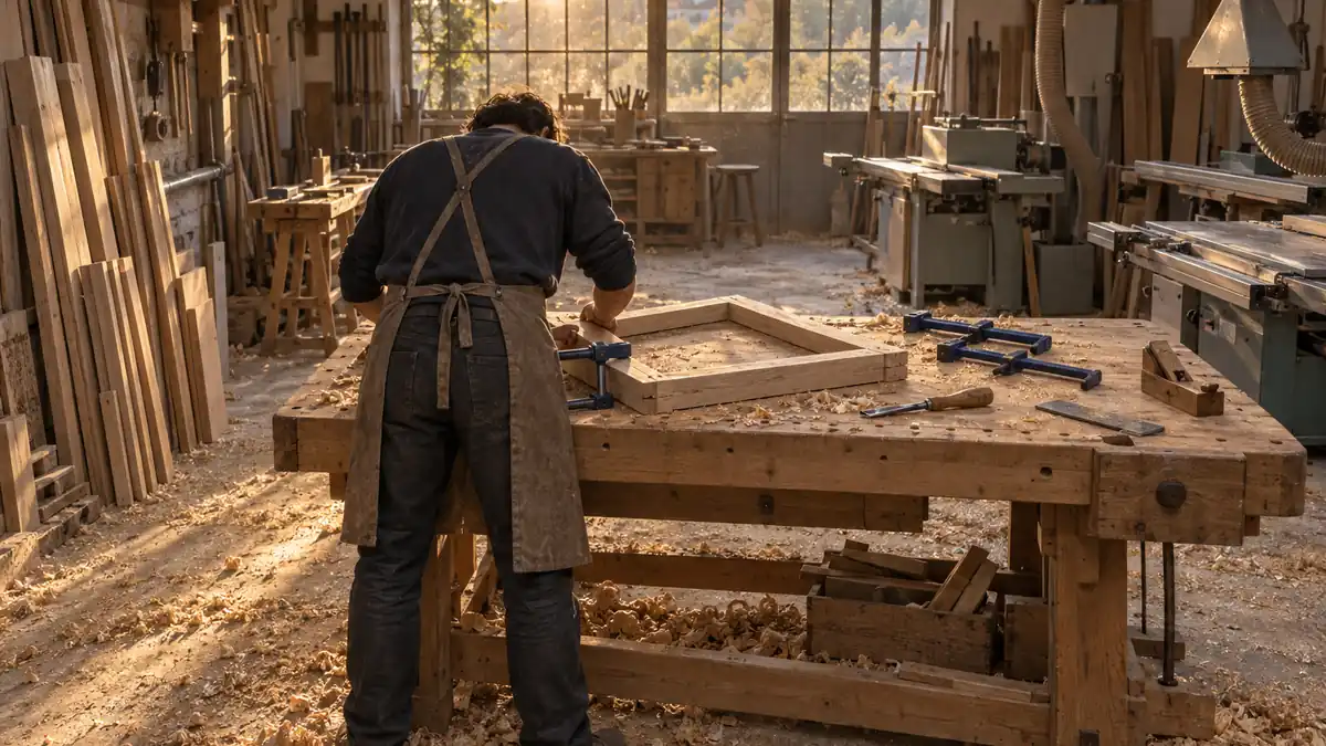 Atelier de menuiserie en fin d'après-midi : un menuisier en tablier, de dos, assemble à blanc sur un établi en hêtre un cadre d'ouvrant en chêne clair emboîté à tenon et mortaise, et serre le dernier angle avec un serre-joint dormant bleu profond, trois autres serre-joints du même bleu posés en éventail à côté d'un ciseau à bois, d'une équerre métallique et d'un rabot en bois, le sol couvert de copeaux et de sciure, une pile de tasseaux de chêne dressée à gauche, une dégauchisseuse-raboteuse et une scie à format floues à droite sous une hotte d'aspiration, et au fond une verrière à petits carreaux dont la lumière rasante traverse la poussière de bois