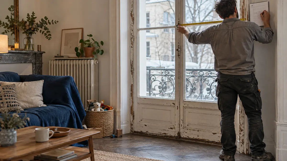 Menuisier prenant les cotes d'une ancienne baie vitrée chez un particulier, mètre déroulé en travers du dormant et carnet appuyé contre le montant, dans un séjour meublé.
