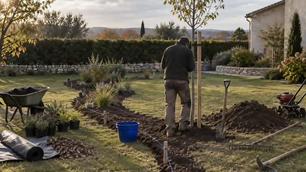 Paysagiste en polaire, vu de dos, tassant au pied la motte d'un jeune arbre tuteuré dans un jardin de maison individuelle en début d'automne, bêche plantée dans la terre retournée, bande de plantation dessinée dans la pelouse et bordée d'un cordeau de traçage bleu profond tendu entre deux piquets, seau de chantier du même bleu, brouette de terreau, godets de vivaces alignés sur une planche, rouleau de toile de paillage, râteau et motobineuse à l'arrêt, haie de charmilles et muret de pierre sèche au fond sous une lumière rasante