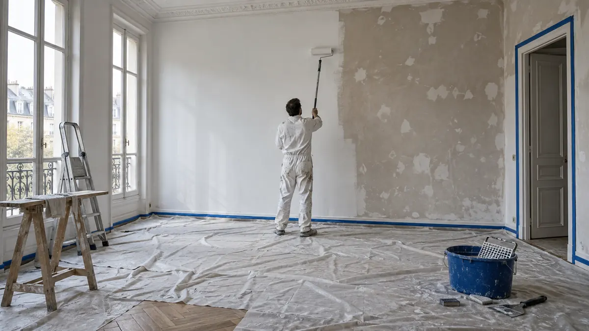 Séjour d'un appartement français en cours de rénovation, en milieu de matinée : un peintre en combinaison blanche mouchetée, vu de dos, applique au rouleau à manche télescopique une couche sur un grand mur dont la moitié gauche est fraîchement peinte en blanc et la moitié droite montre encore des taches claires d'enduit de rebouchage poncé, le parquet à point de Hongrie entièrement couvert de bâches tendues, une bande d'adhésif de masquage bleu profond le long de la plinthe et autour de la porte, un seau de gâchage en plastique bleu profond avec sa grille d'essorage, un couteau à enduire et une cale à poncer posés sur la bâche à droite, un escabeau en aluminium replié et un tréteau à gauche, et deux hautes fenêtres à petits bois sans rideaux dont la lumière latérale frise le mur et révèle le relief des reprises d'enduit