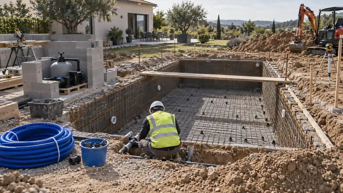 Chantier de piscine enterrée dans le jardin d'une maison individuelle : bassin creusé et ferraillé d'une nappe d'armatures d'acier quadrillée maintenue par des cales, passerelle de planches traversant la fouille, pisciniste casqué accroupi de dos ajustant un raccord de canalisation de refoulement, bobine de tuyau souple bleu profond déroulée en couronne sur la terre et seau de raccords du même bleu, local technique en parpaings en montage avec pompe de filtration et filtre à sable sur palette, pelleteuse compacte à l'arrêt et niveau laser sur trépied